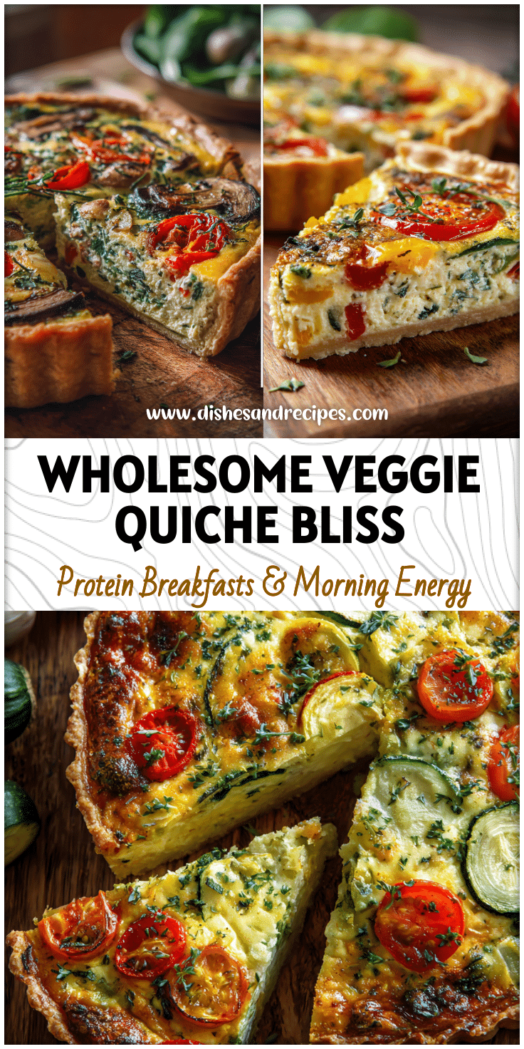 Rustic homemade quiche filled with fresh vegetables and herbs, sliced on a wooden brunch table.